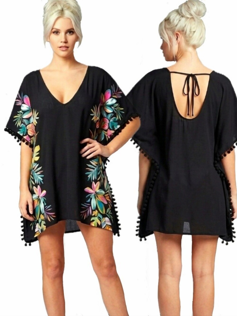 Xhilaration black neon flowers pom pom trim kaftan swimsuit coverup S-1X NWT